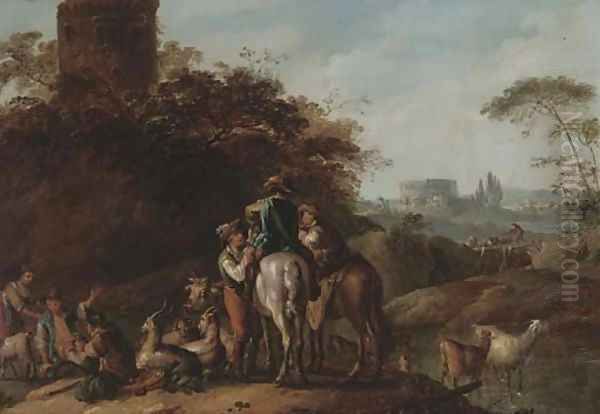 An Italianate landscape with travellers resting with herdsmen by a tower - view 1
