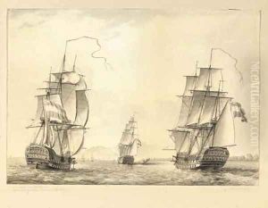 De reede van Batavia Three-masters off the coast of Batavia by Martinus Schouman