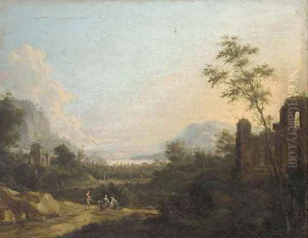 A mountaintous river landscape with figures on a path by classical ruins - view 1