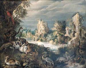 Ducks, swans, a guinea-fowl, a heron, ostriches, a parrot and other birds on a river bank by Roelant Savery