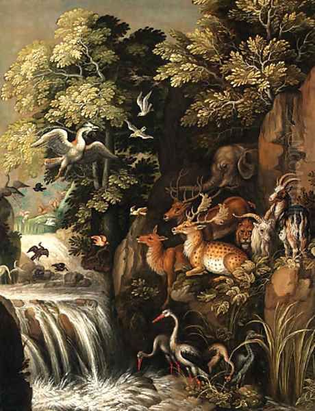 Deer, goats, an elephant and other animals by a waterfall - view 1