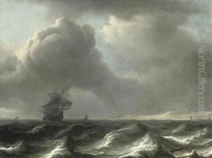 A 'wijdschip' in choppy waters, other vessels beyond by Aernout Smit