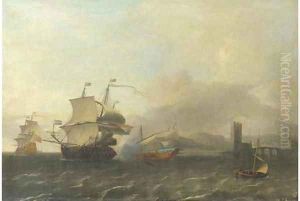 A naval engagement off the coast of a harbour town