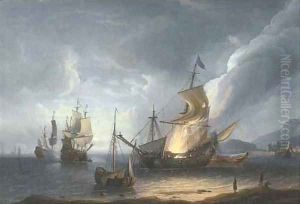 A coastal nocturne with a ship ablaze on the shore, others in a calm beyond, a fortified port beyond
