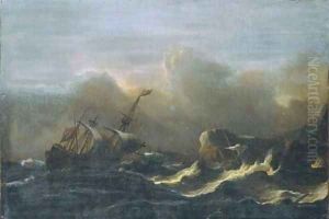 A three-master in a gale off a rocky coast