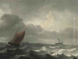 A three-master in choppy waters, a coast beyond