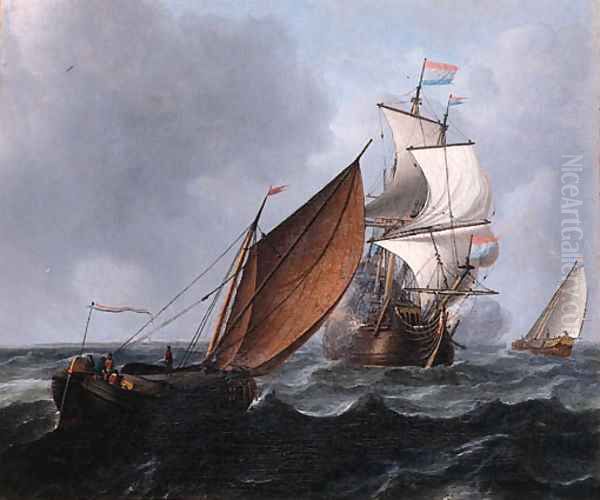 A wijdschip running before the wind while a merchantman fires a salute, in a stiff breeze - view 1