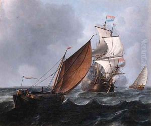 A wijdschip running before the wind while a merchantman fires a salute, in a stiff breeze by Aernout Smit