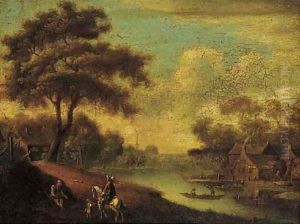 A traveller on horseback by a ferry crossing, a peddlar asking for money by Anglo-Dutch School