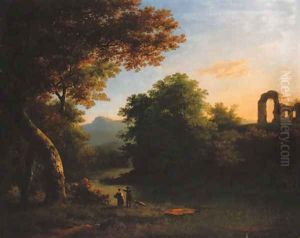 A wooded river landscape with figures and a dog in the foreground and classical ruins beyond
