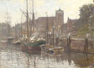 Boats moored on a canal by Carl Cowen Schirm