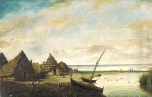 A coastal landscape with figures by huts, possibly south-east Asia by Dutch Colonial School