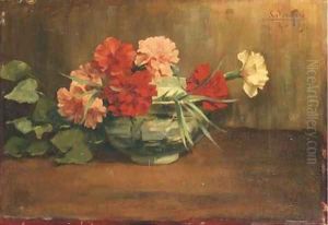 Red, pink and white carnations by Emile Seeldrayers