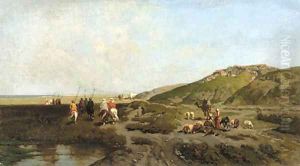 Oriental horsemen travelling in an extensive landscape by European School