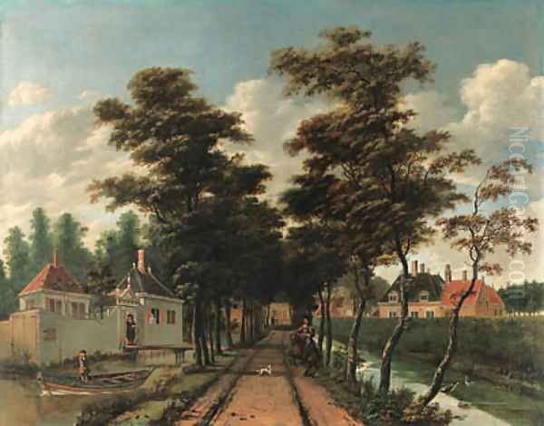 An avenue between two canals with a horseman and a dog - view 1