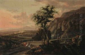 An extensive mountain landscape, with a hawking party on a road by a bridge by Jan Gabrielsz. Sonje