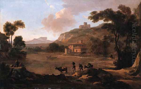 Muleteers fording a river with anglers on a river-bank nearby, in an Italianate landscape - view 1