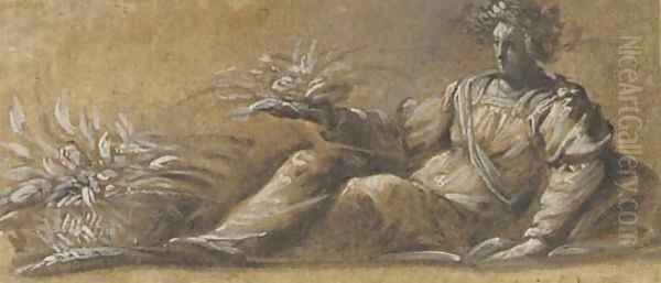 A reclining female crowned with garlands holding a sheaf of wheat, a basket of produce at her feet - view 1