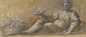 A reclining female crowned with garlands holding a sheaf of wheat, a basket of produce at her feet by Veronese School