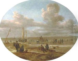 Fishermen trading on a beach with a sailing vessel in rough waters beyond