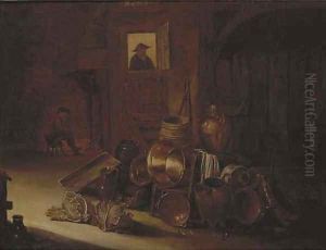 A stable interior with kitchen utensils and vegetables in the foreground by Hendrick Maertensz. Sorch (see Sorgh)