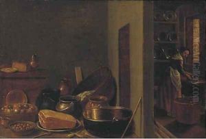 A kitchen interior with utensils in the foreground by Hendrick Maertensz. Sorch (see Sorgh)