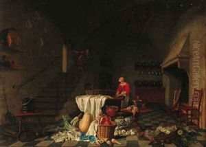 A kitchen with a maid preparing meat at a table by Hendrick Maertensz. Sorch (see Sorgh)