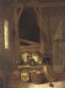 Artichokes, cabbages, a plate of fish, a copper pot and barrels in a barn interior by Hendrick Maertensz. Sorch (see Sorgh)
