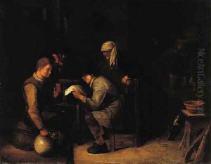 A young boy reading a letter to a boor seated on a barrel in an inn A young boy reading a letter to a boor seated on a barrel in an inn
