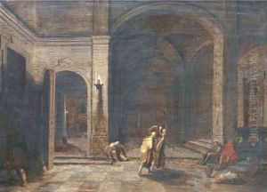 The interior of a crypt by night with the Liberation of Saint Peter