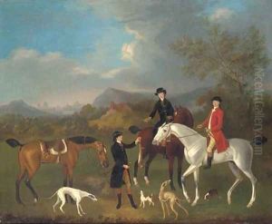 A coursing party in a landscape, a capriccio city beyond