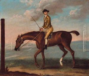 Mr. Lamego's Little Driver with jockey up, on a racecourse by J. Francis Sartorius