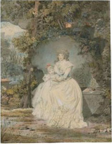 Portrait Of A Mother And Daughter, Seated In A Grotto In Alandscape - view 1