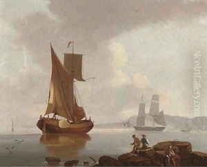 A merchantman and a barge in a calm offshore, with fishermen on the rocks in the foreground