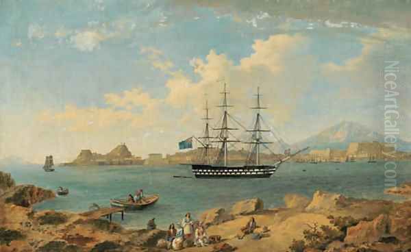 A British second rate ship of the line, flying the ensign of an admiral of the blue squadron, at anchor off Corfu - view 1