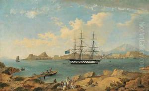 A British second rate ship of the line, flying the ensign of an admiral of the blue squadron, at anchor off Corfu by Joseph Schranz