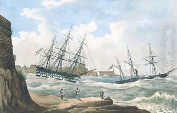 A British paddle sloop ahead of a ship-of-the-line coming out of the harbour at Valetta in heavy seas - view 1