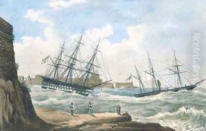A British paddle sloop ahead of a ship-of-the-line coming out of the harbour at Valetta in heavy seas by Joseph Schranz