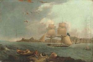 A British schooner in a mediterranean harbour by Joseph Schranz