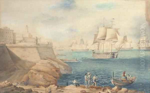 A squadron of warships off the entrance to Grand Harbour, Valetta - view 1