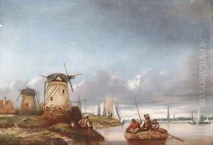 Windmills on the bank of a river by Joseph Stannard