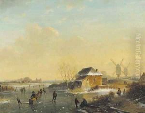 Skaters on a frozen waterway by Louis Smets