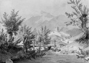 Paysans Traversant Un Pont Dans Un Paysage De Montagne Paysans Traversant Un Pont Dans Un Paysage De Montagne