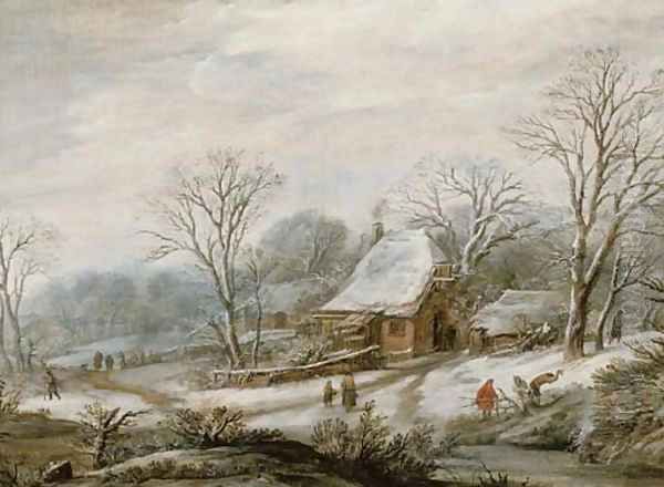A winter landscape with figures by a cottage - view 1