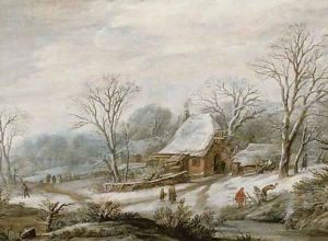 A winter landscape with figures by a cottage by Pieter Dircksz. Santvoort