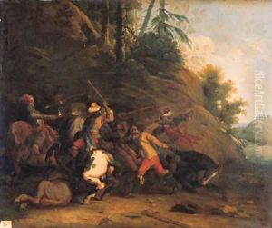 A cavalry skirmish before a wooded hill by Pieter Snayer