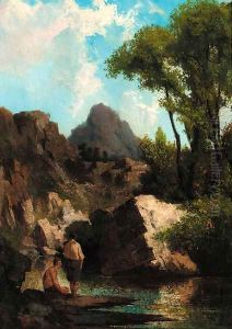 Figures beside a rocky pool by Barbzion School