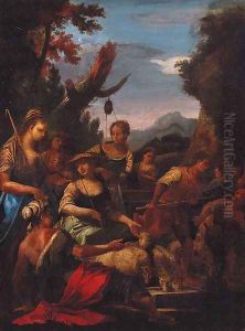 Eliezer and Rebecca at the well by Genoese School