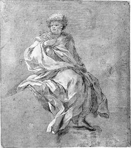 A seated figure wearing a fur hat and fur-lined cloak by Genoese School