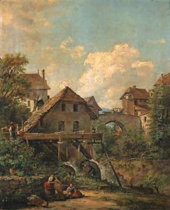 Continental Views Women by a watermill by Jacob George Strutt